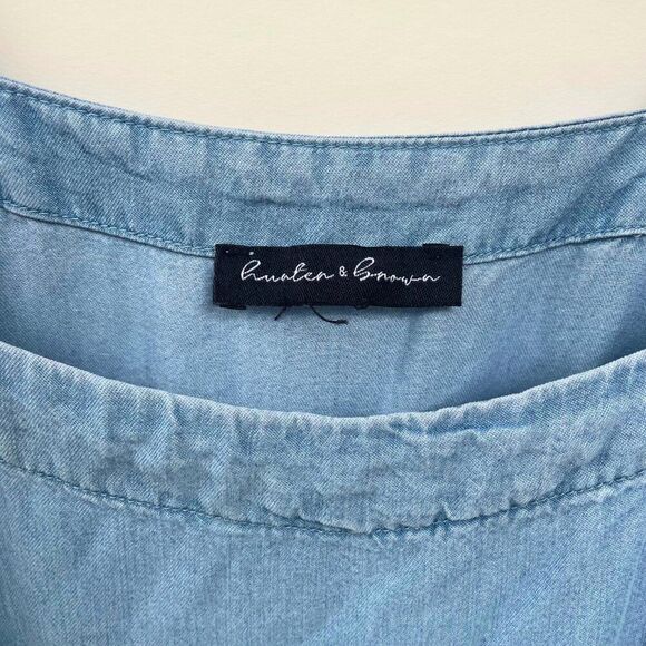 Blue Chambray Scalloped Puff Sleeve Mini Dress Size XS - Picture 5 of 9